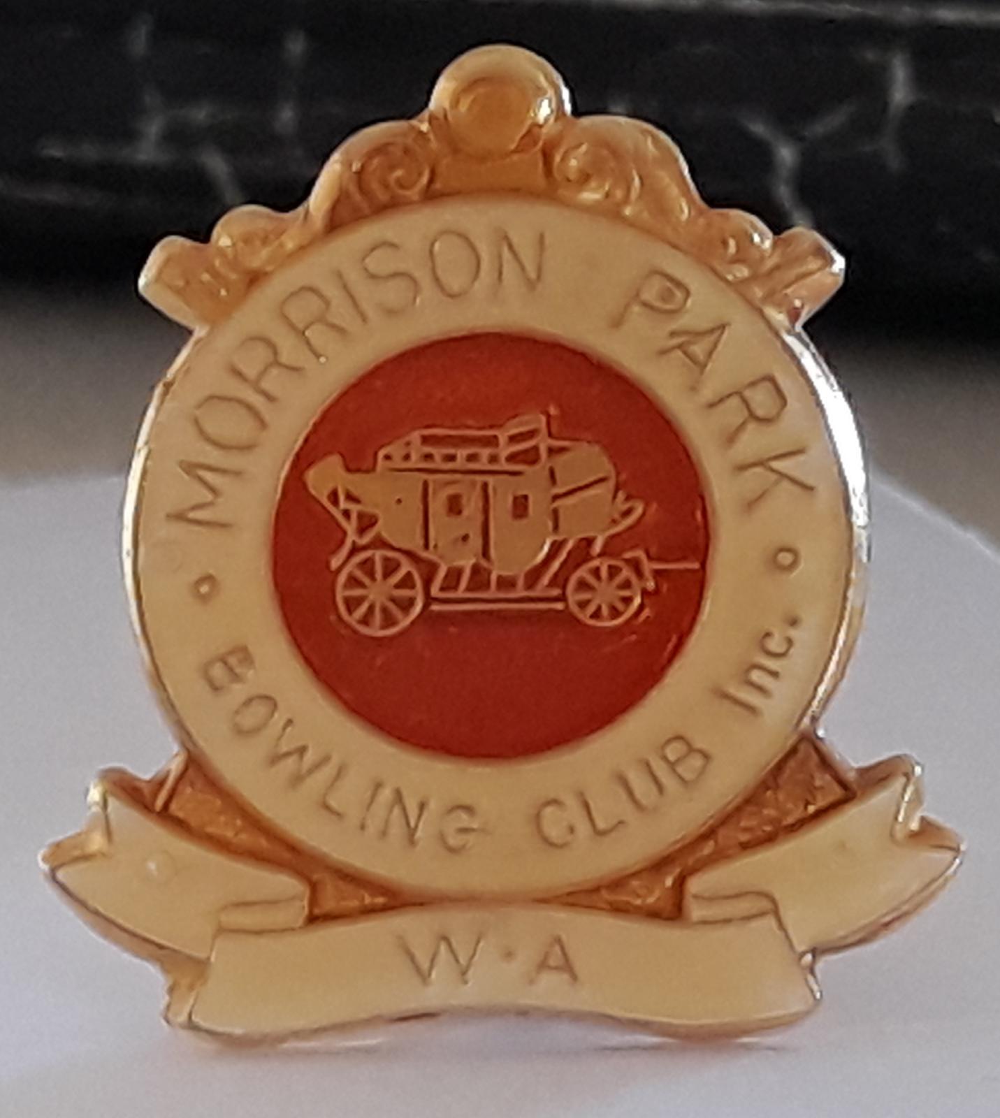 Morrison Park Bowling Club Inc. Round-shaped badge in red, cream and gold. 