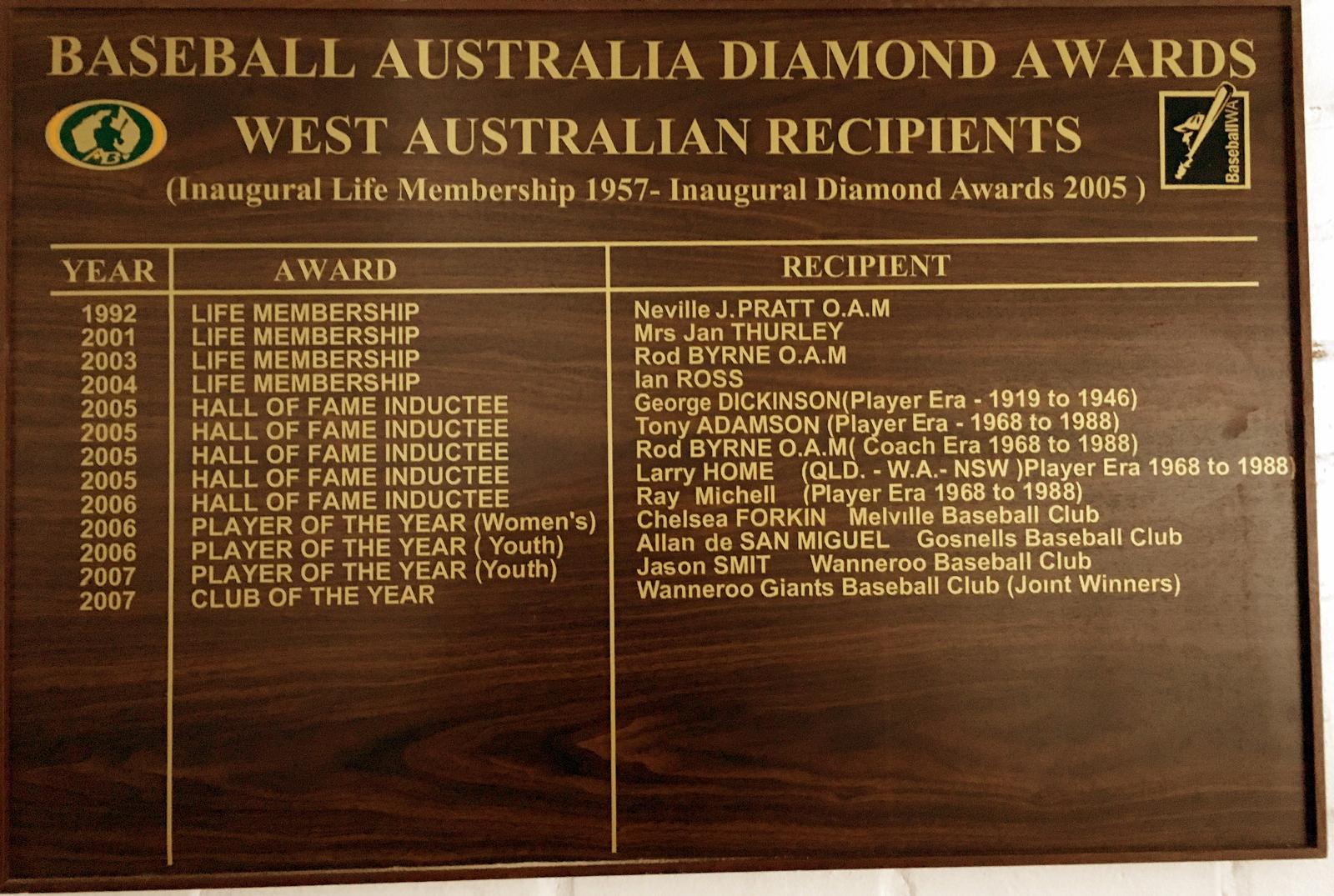 Baseball Australian Diamond Awards - Western Australian recipients honour board