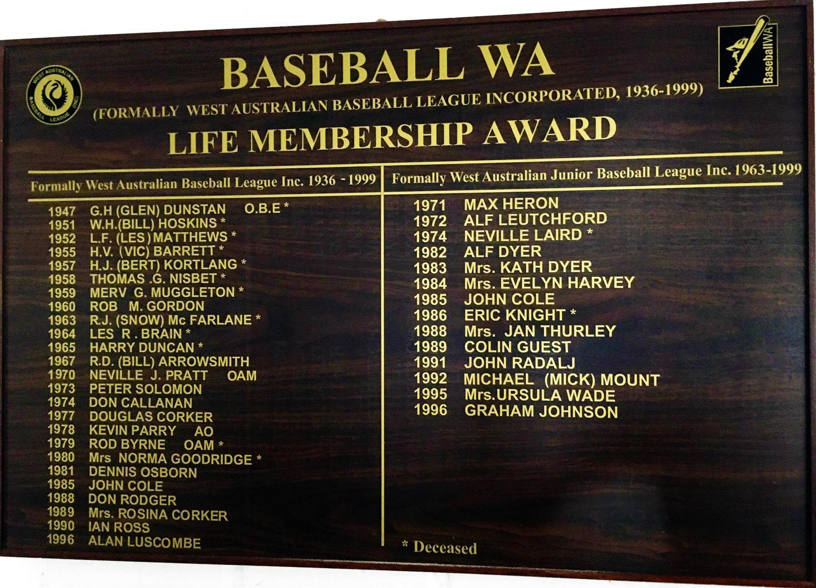 Baseball WA Life Membership Award honour board - senior and junior leagues