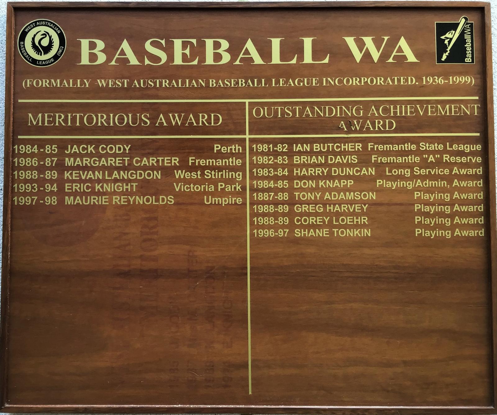 Baseball WA honour board - 'Meritorious Award' and 'Outstanding Achievement Award'