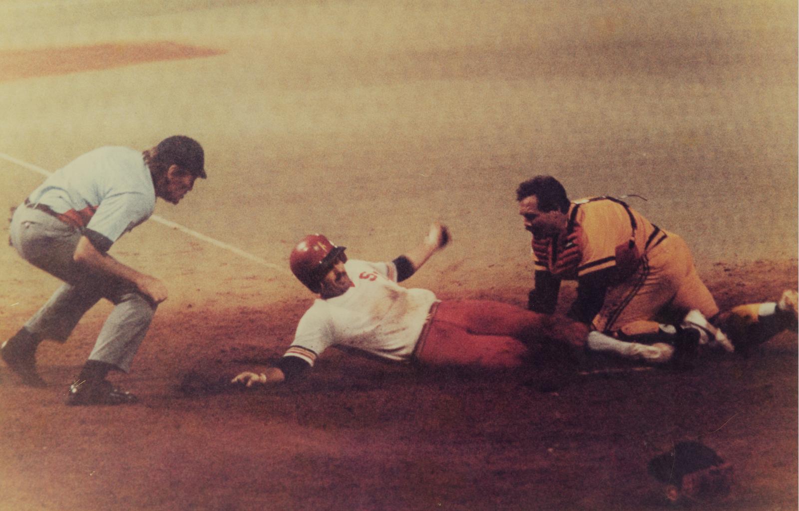 At Parry Field, umpire Maurie Reynolds and catcher Don Knapp