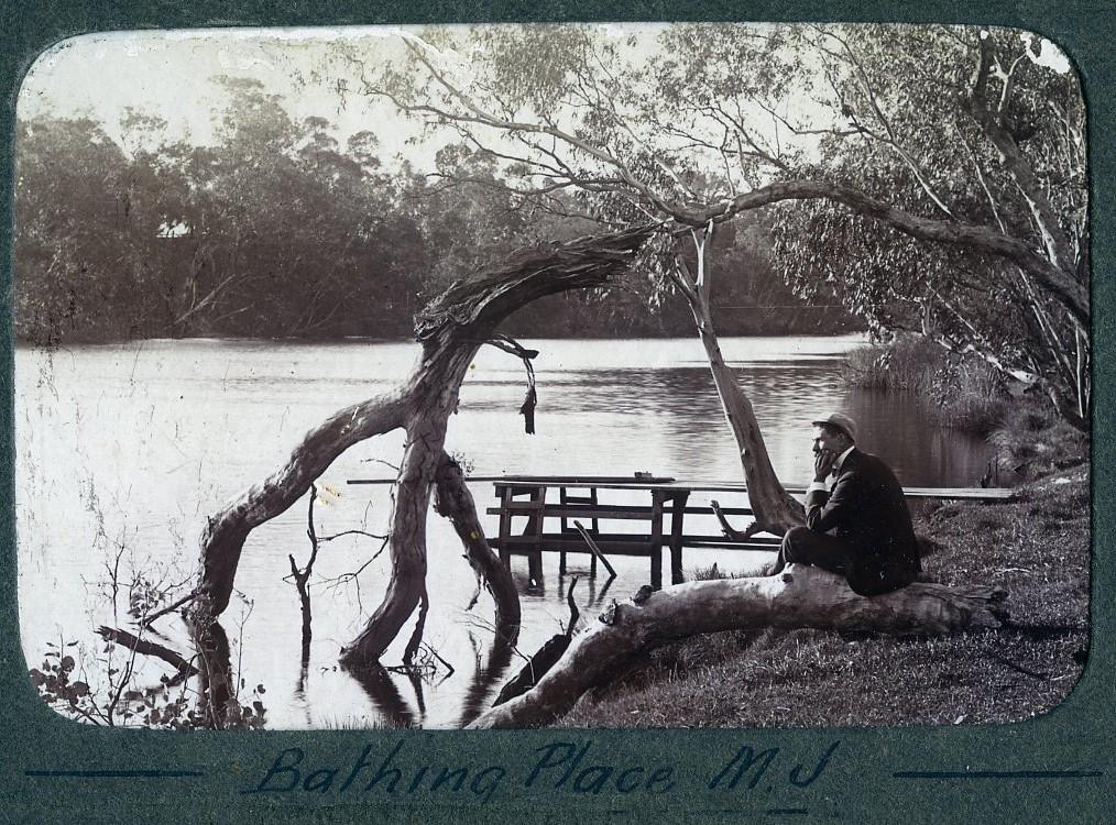 P100-60. The Swan River at Midland Junction. The man in the image is William Dennis Dawson. 