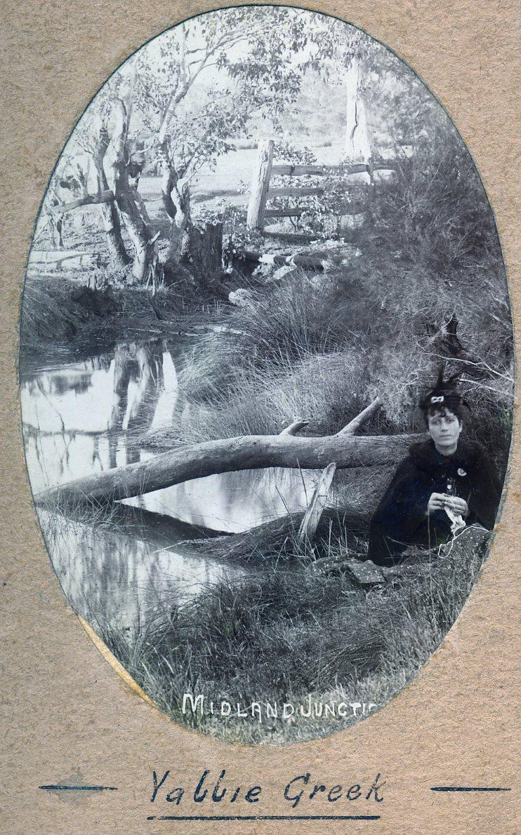 P100-63. A tributary of the Swan River at Midland Junction. The woman in the image is Elise Dawson. 