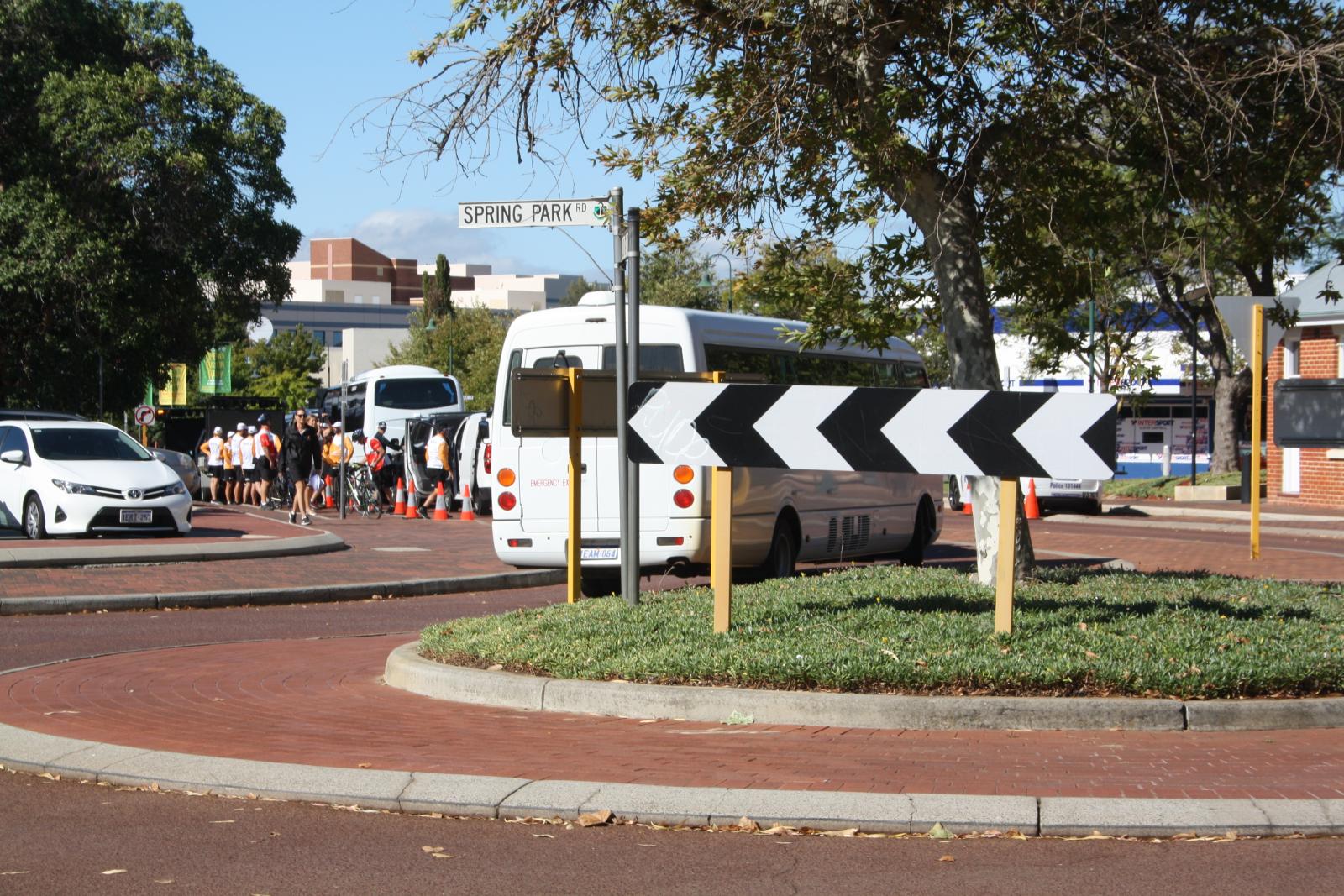 P97-04. Procession carrying relay runners and security arriving in Midland. 