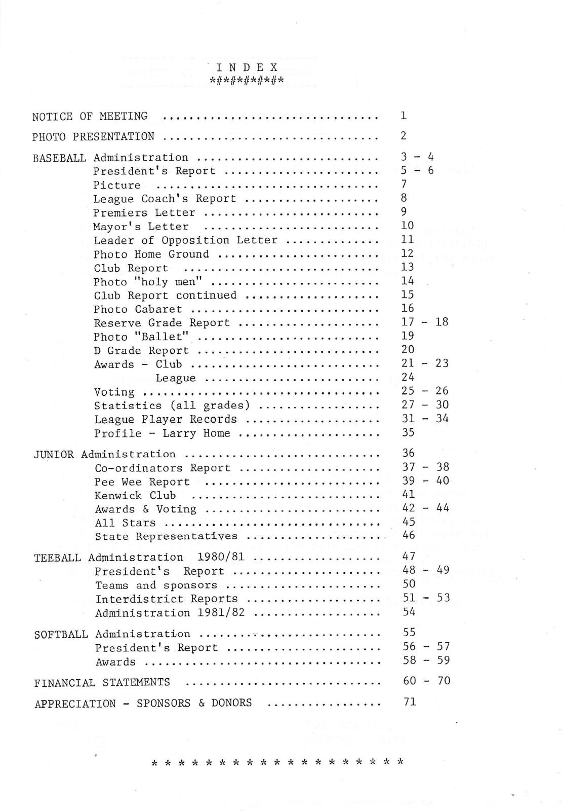 Victoria Park Baseball Club Annual Report 1980/81 (contents page)