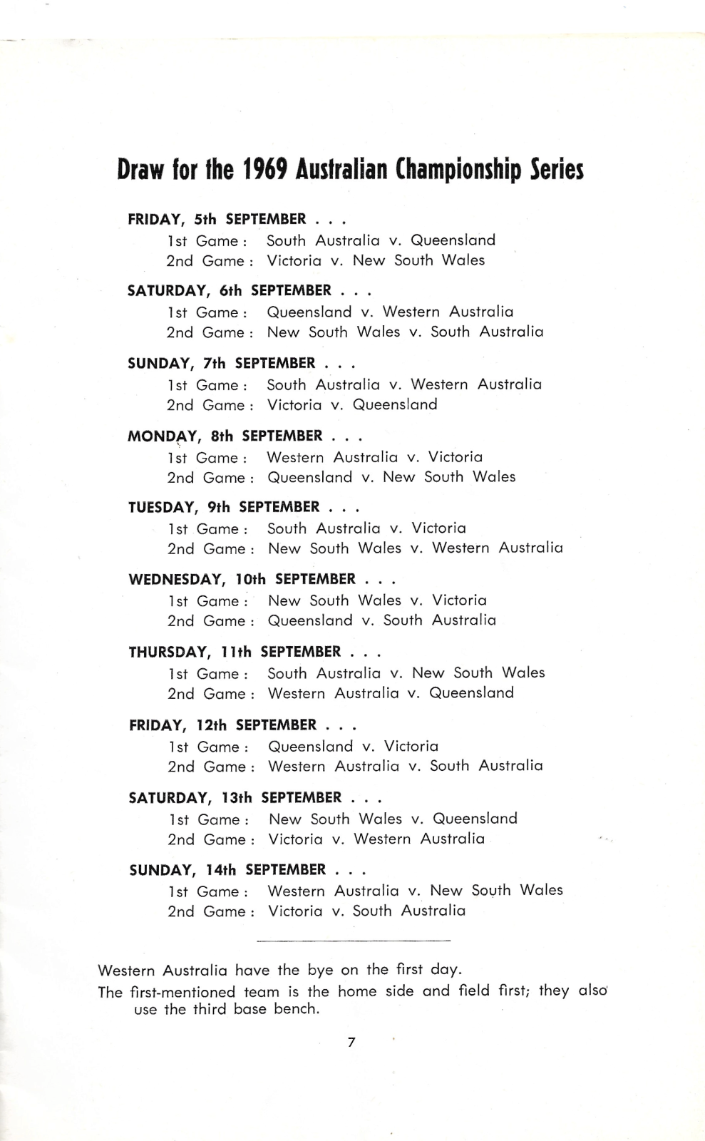 1969 Australian Baseball Championship program (games draw).