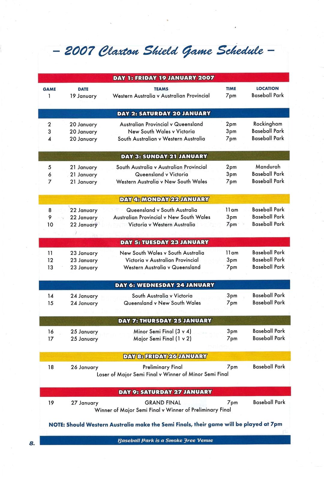 2007 Claxton Shield Tournament Programme - games schedule