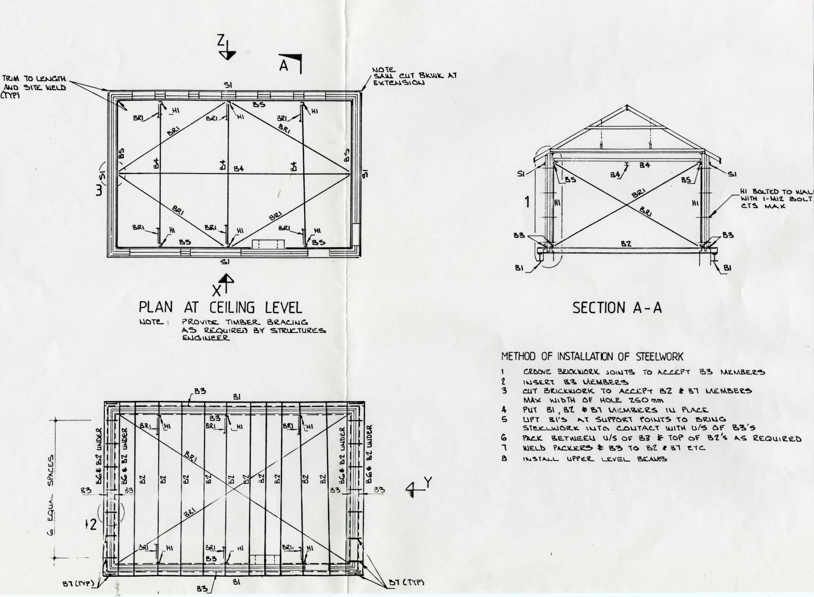 Technical drawings showing the method of installation of steelwork