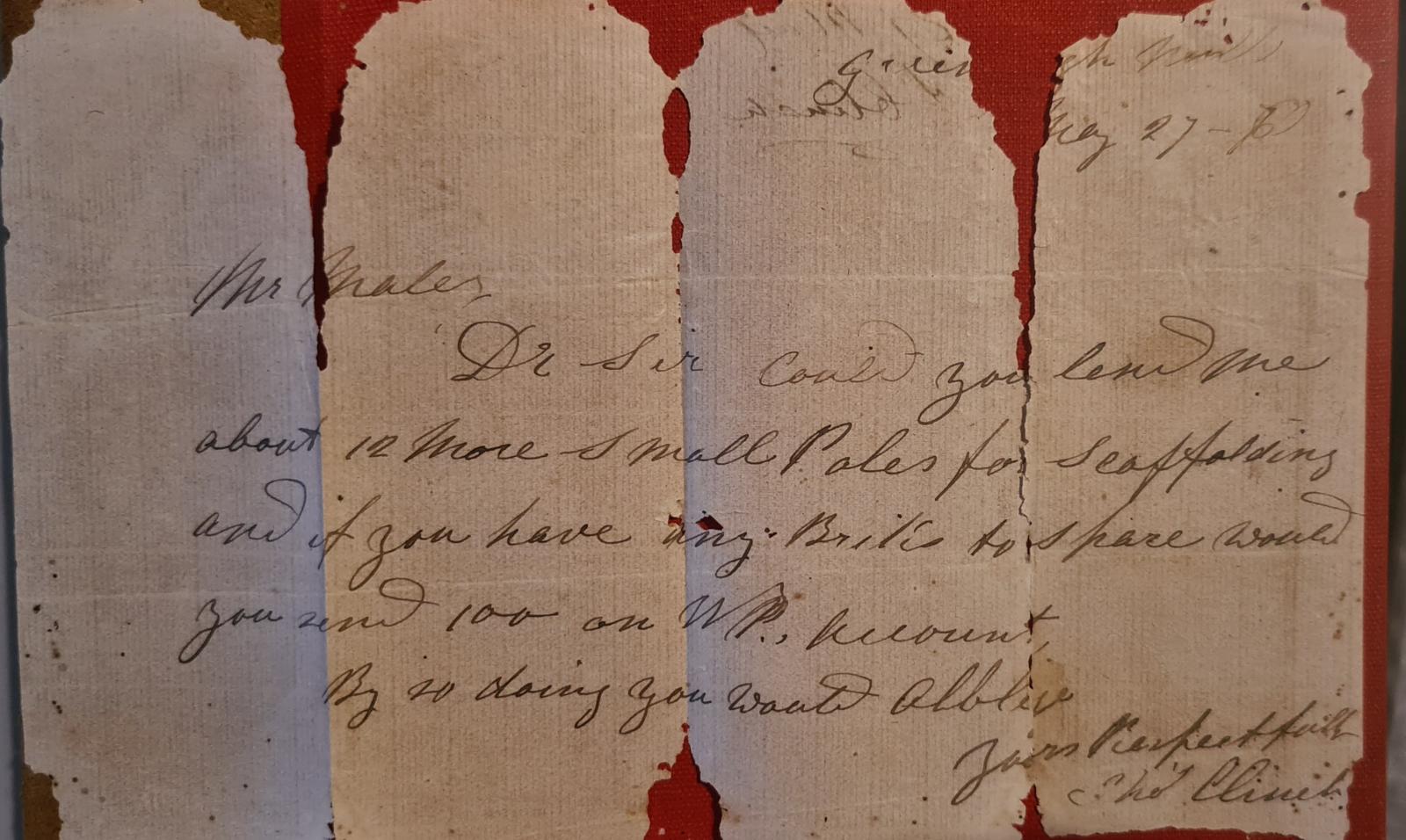 Note from Thomas Clinch requesting scaffold poles