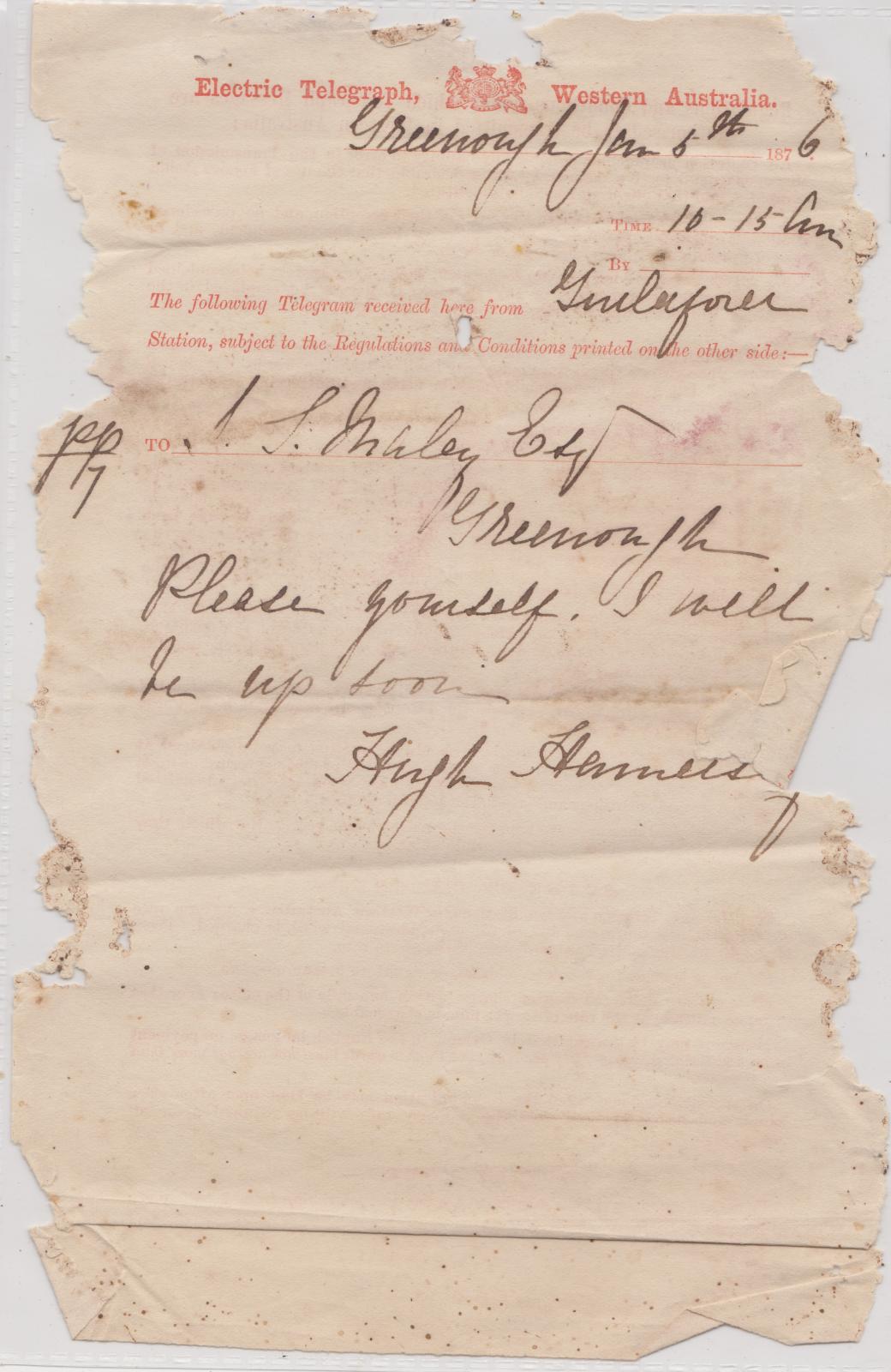 Telegram from Hugh Hamersley to John Maley