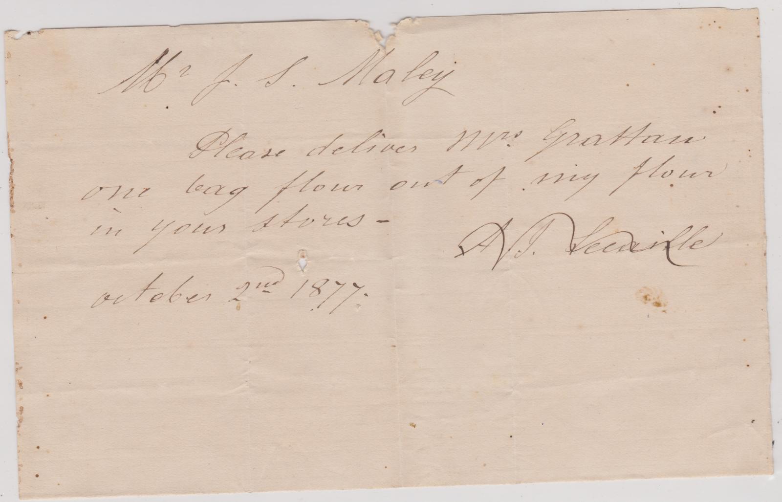 Note from A.J. Lecaille re flour to Mrs Gratton