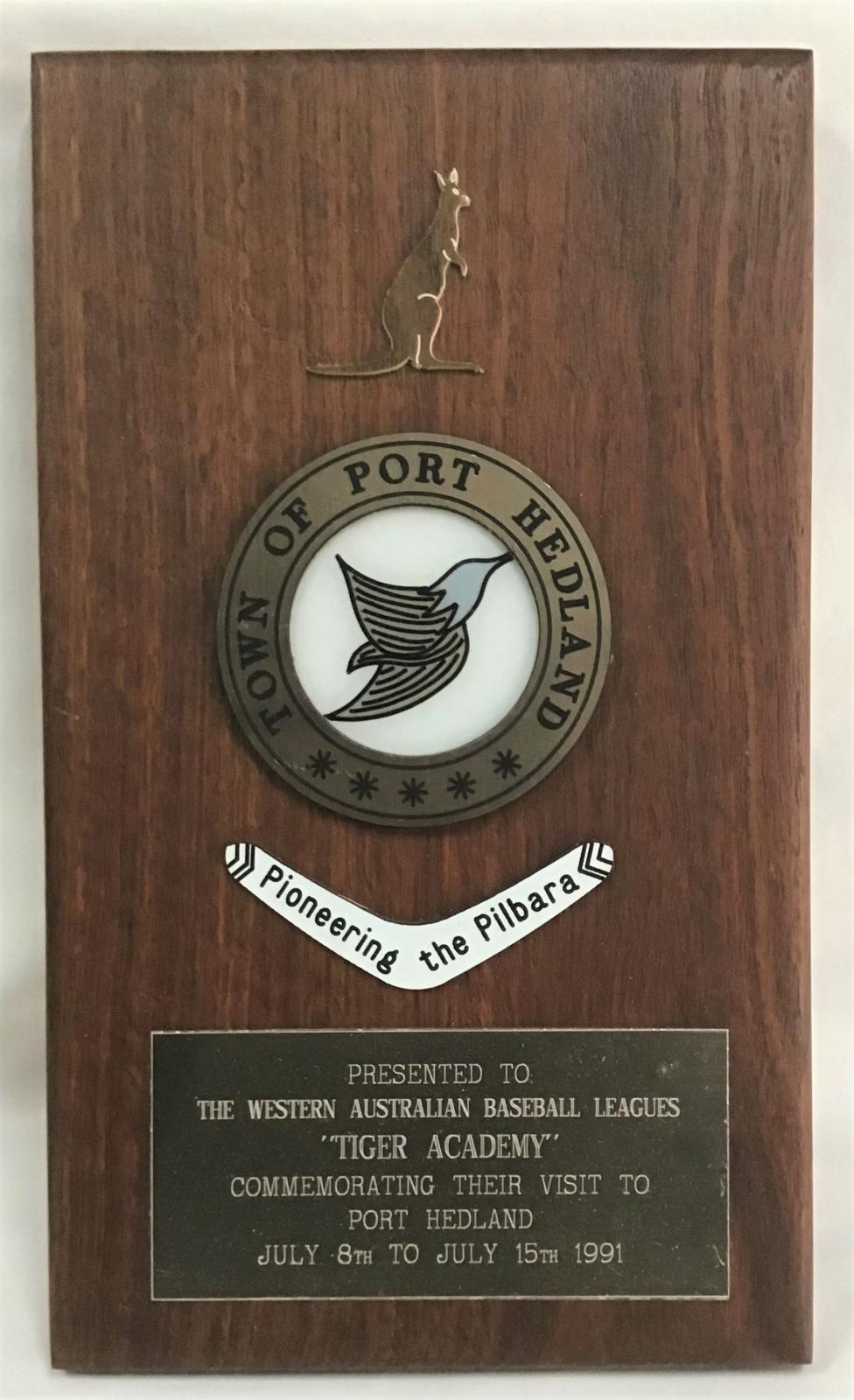 1991 Tiger Academy plaque from Town of Port Hedland