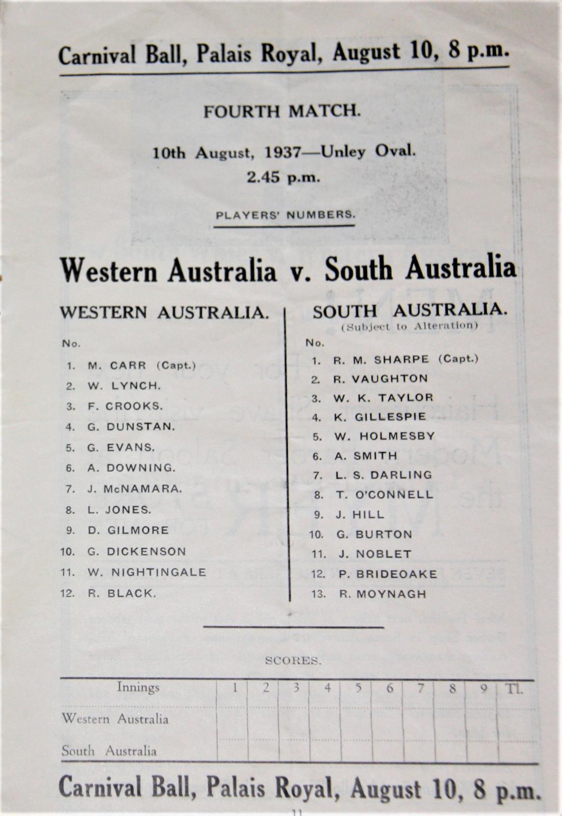 1937 Claxton Shield Official Program - Western Australian v. South Australia