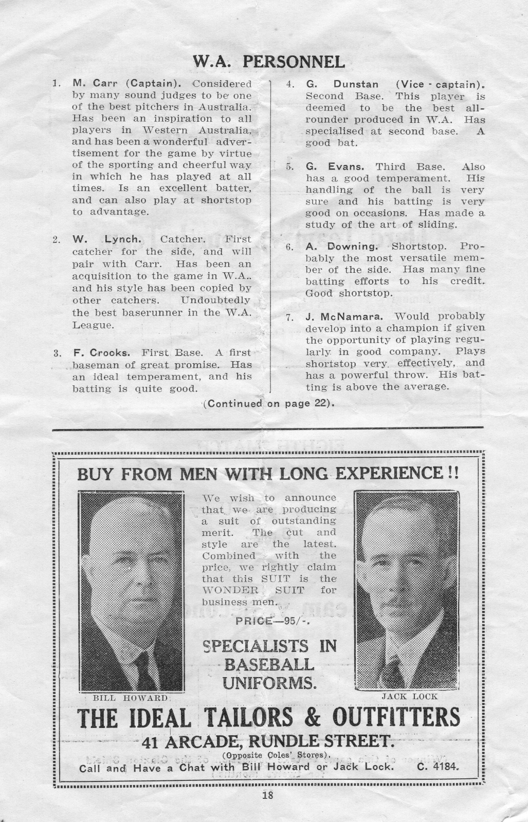 1937 Claxton Shield Official Program - Western Australian player profiles