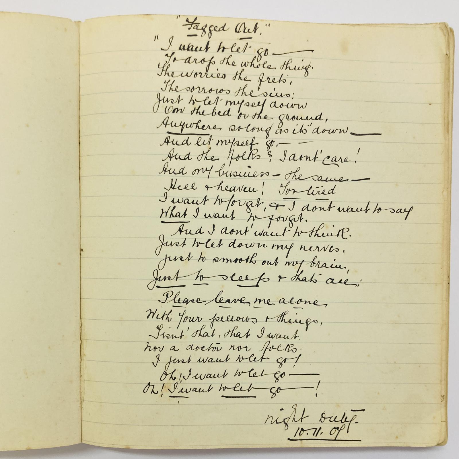 Poem titled 'Fagged Out' in trainee nurse O'Driscoll's notebook