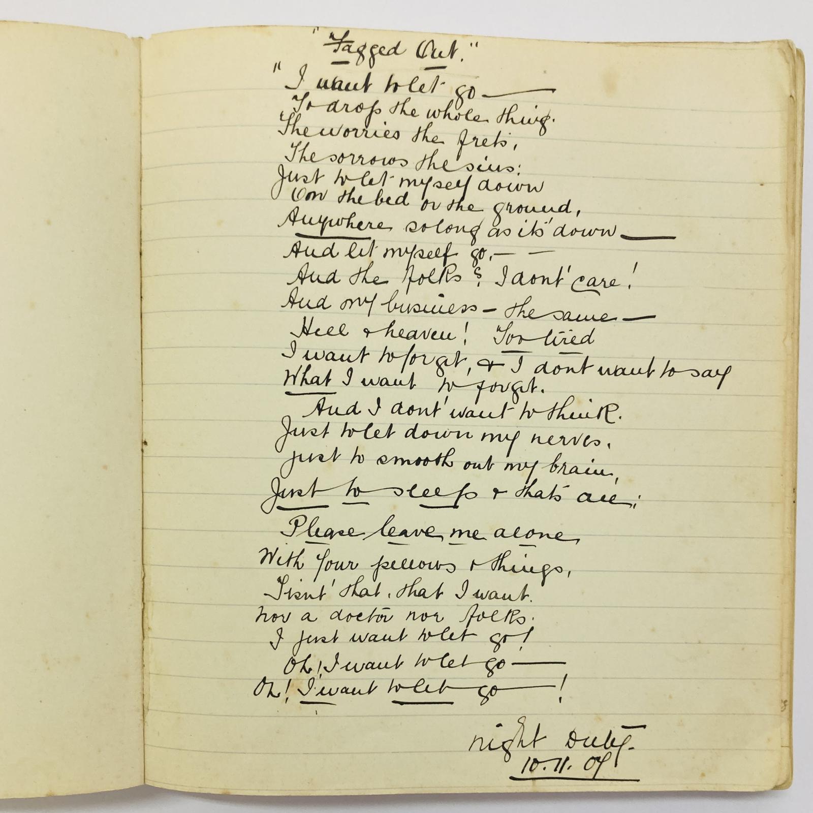 Poem titled 'Fagged Out' in trainee nurse O'Driscoll's notebook