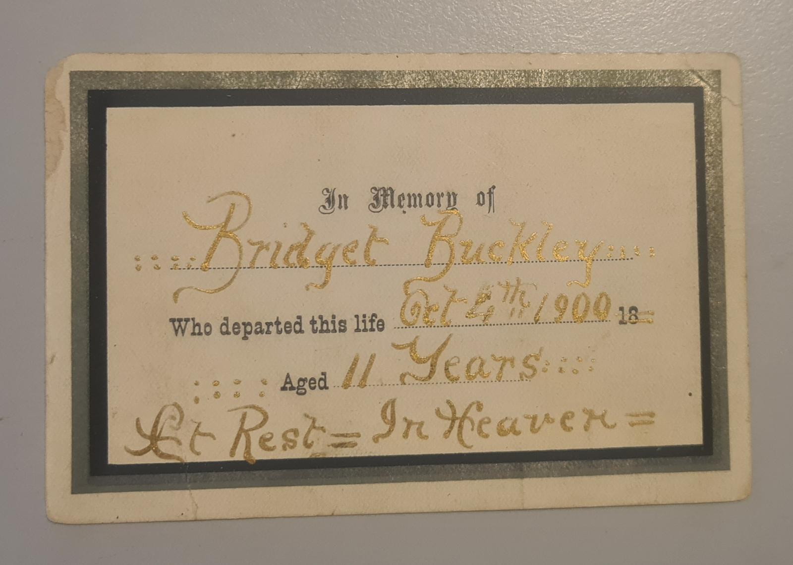 Memorial card for Bridget Buckley