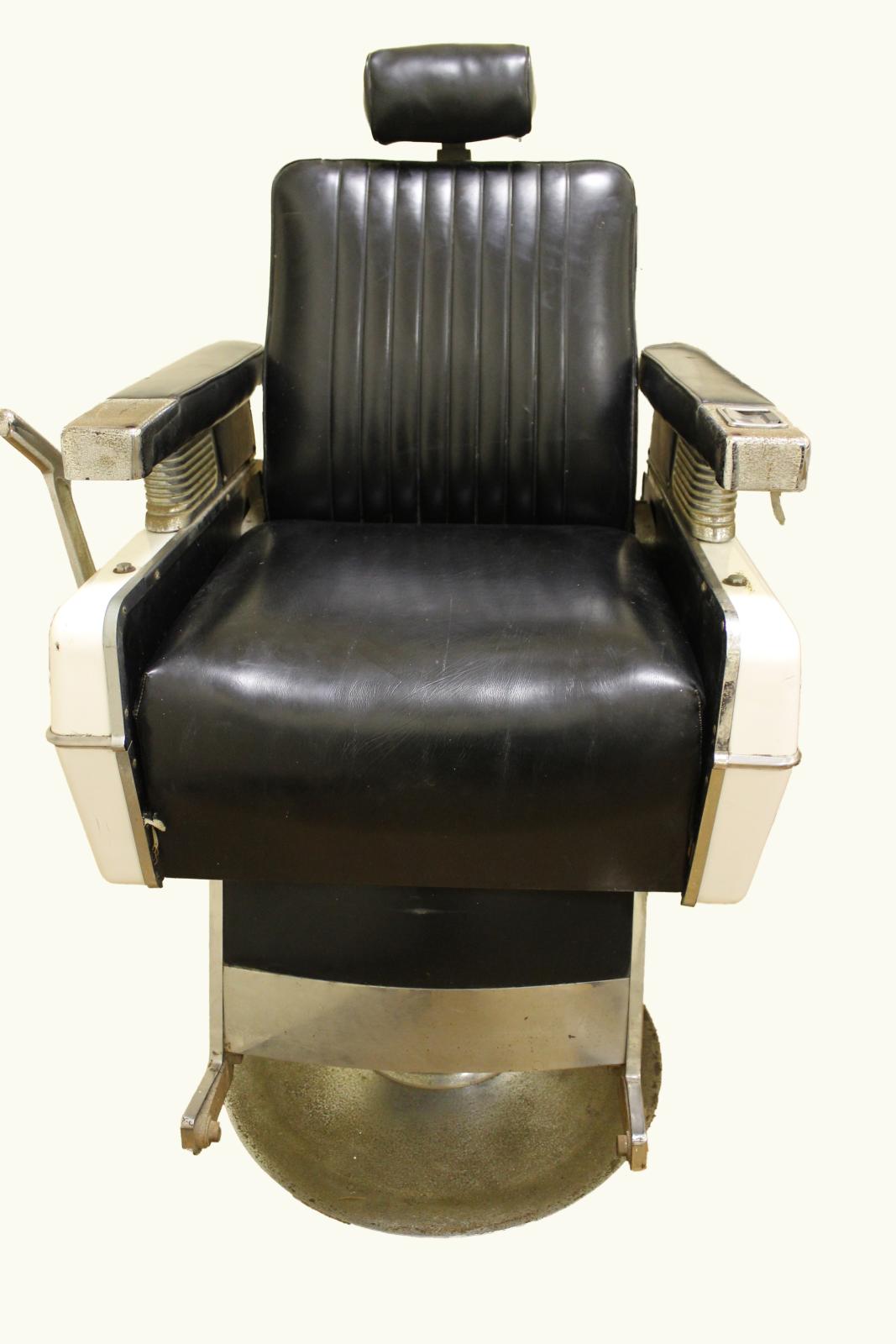 Large, padded, swivel, black vinyl, Belmont model 929, barber chair