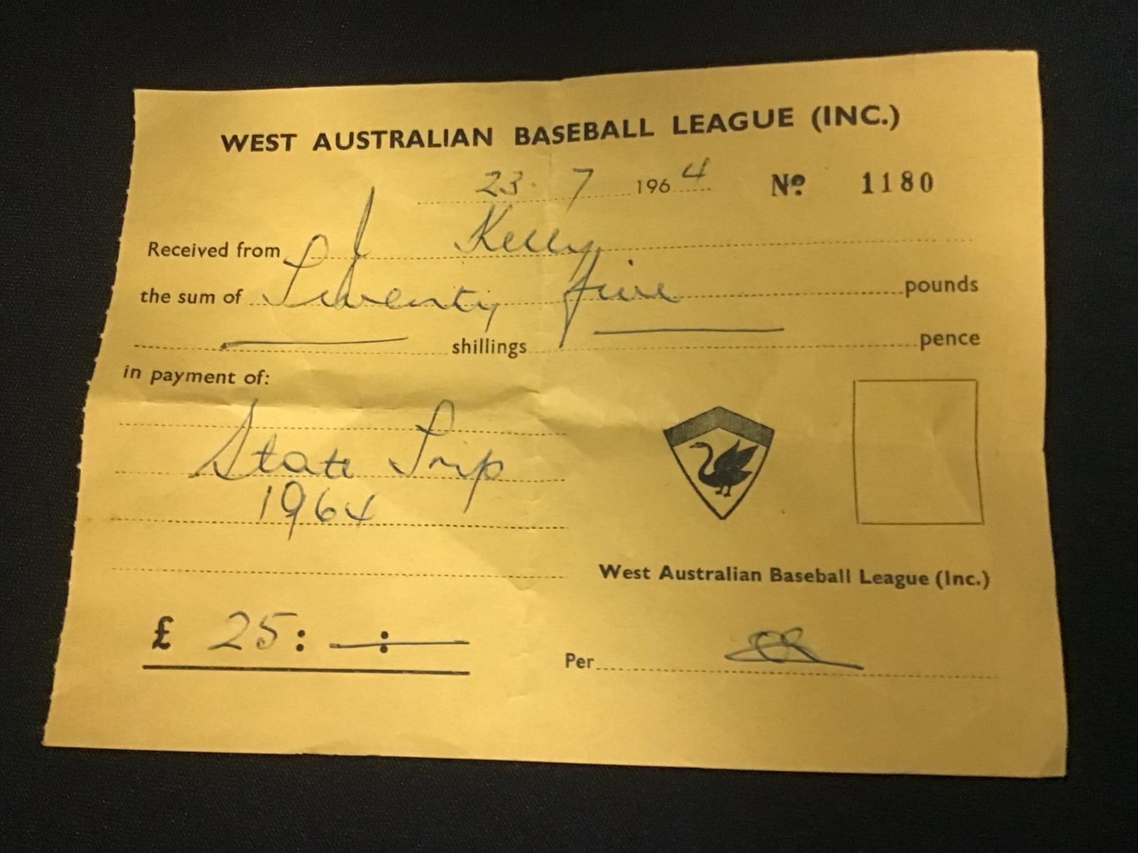 West Australian Baseball League 1964 receipt for State trip expenses