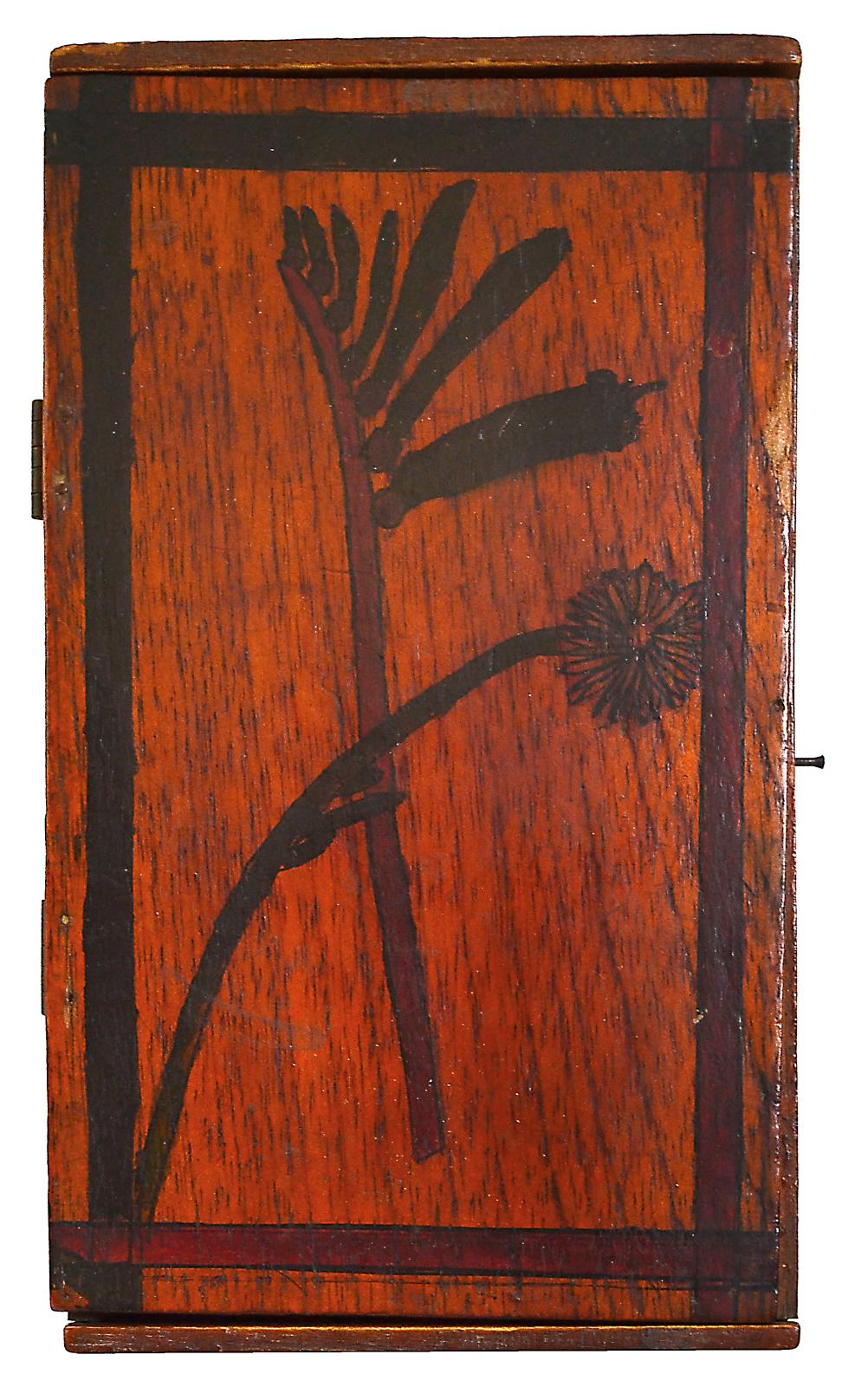 Top view of rectangular wooden box, showing the lid with a Kangaroo Paw design and daisy flower