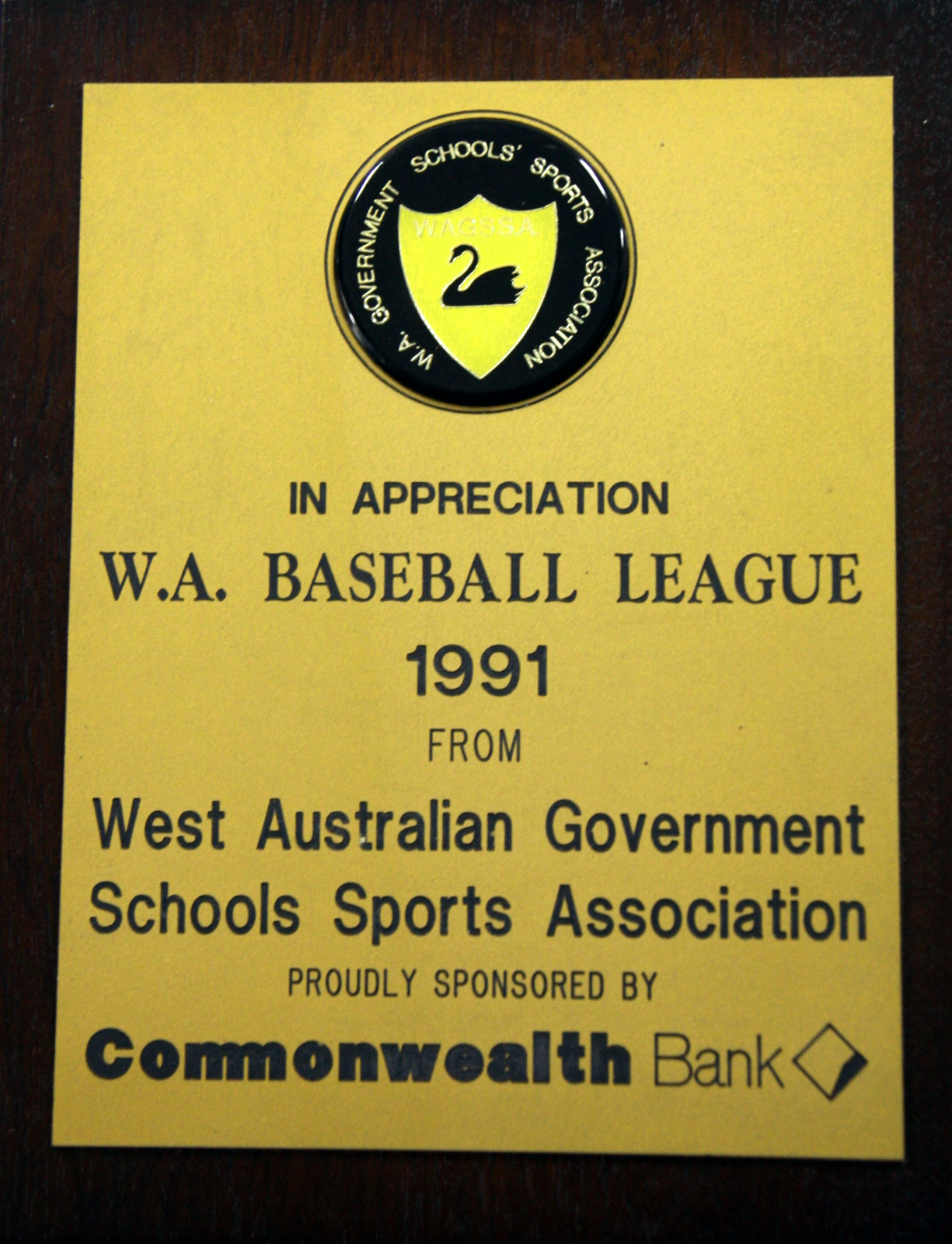 1991 Western Australian Government Schools' Sports Association commemorative plaque