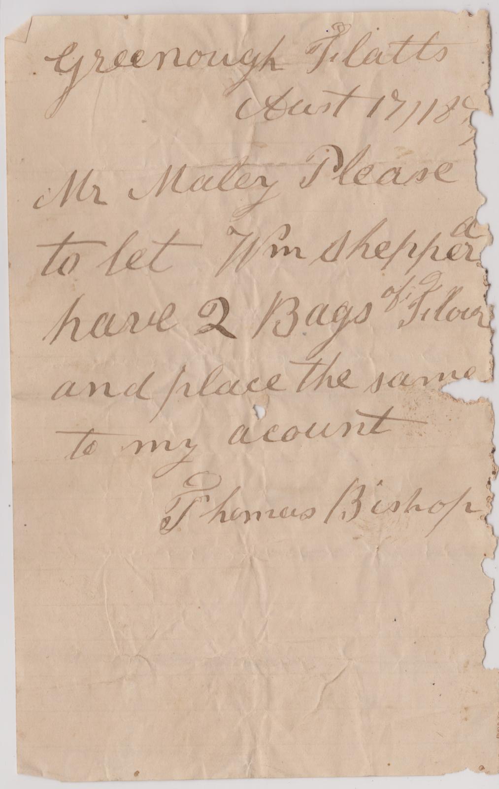 Transfer of flour note from Thomas Bishop