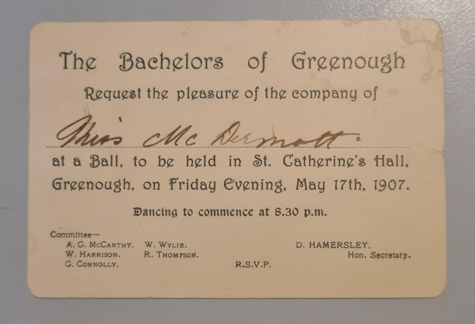 Invitation to a Bachelors of Greenough Ball