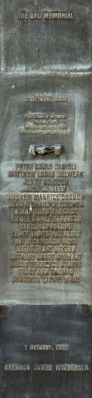 Plaque on the King's Park Bali Memorial where sixteen Western Australians who died as a result of the bombings are remembered