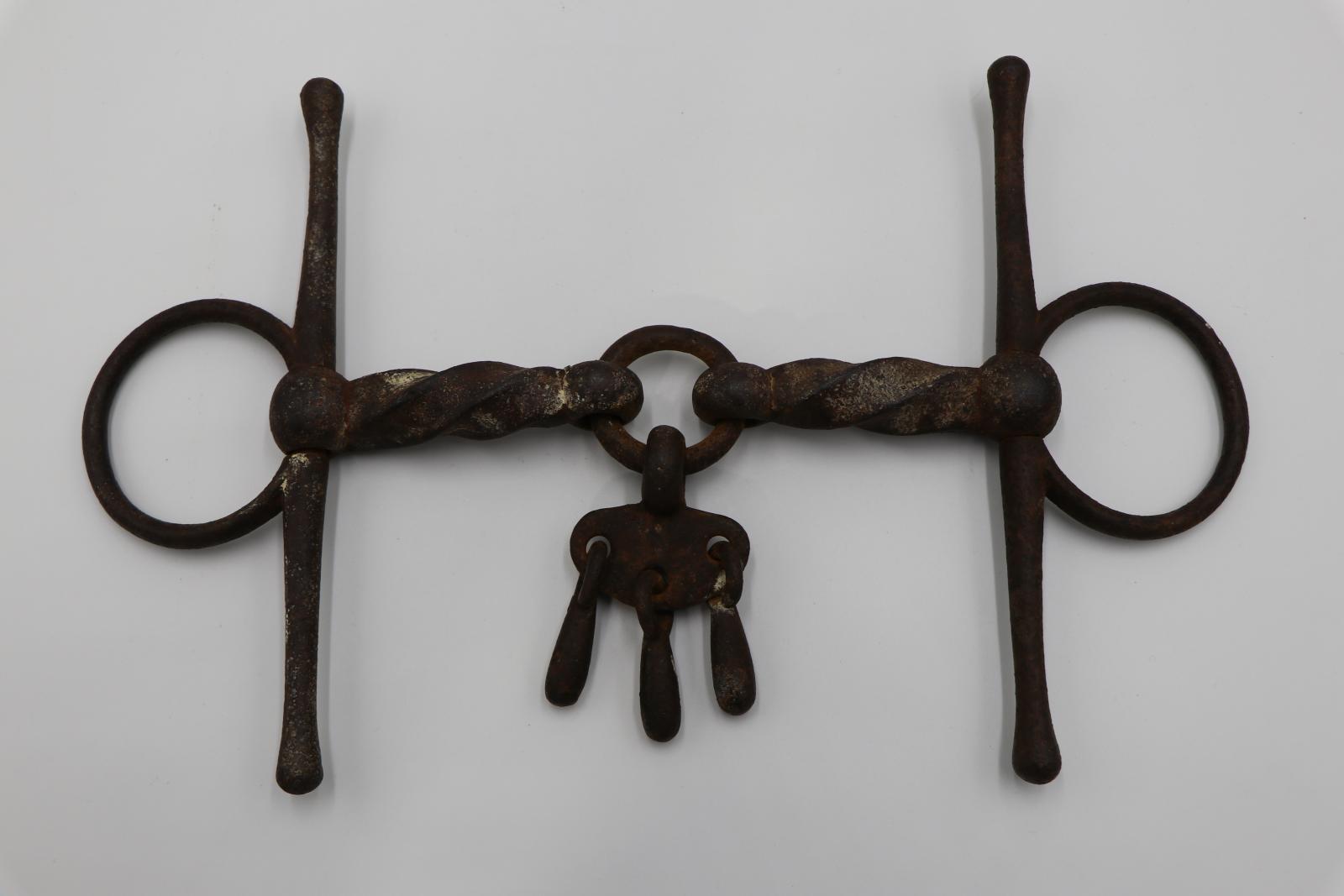 Brown rusted metal horse bit on white background. Mouthpiece consists of two twisted metal bars connected by metal ring. Hanging from metal ring is piece of metal, with three curved lengths of metal dangling from them. Metal bars are attached perpendicular to mouthpiece, with a ring on each side.