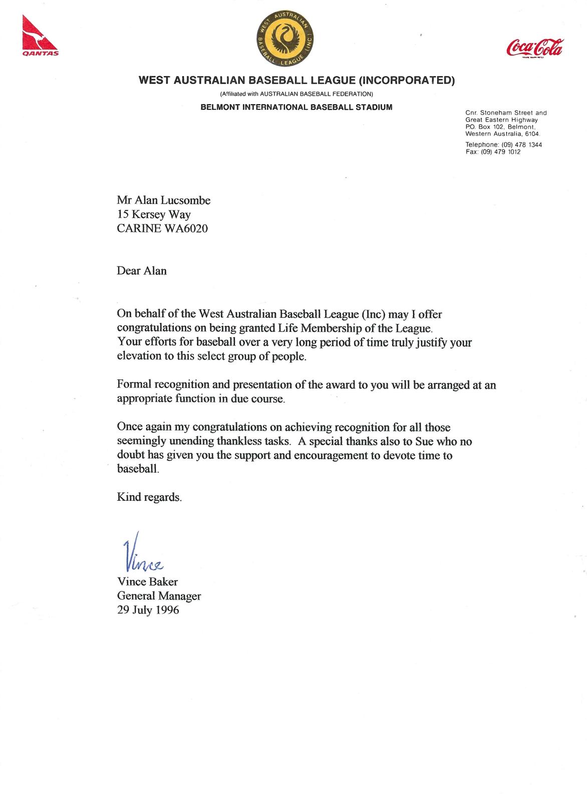 Letter awarding Alan Luscombe Life Membership of the WABL