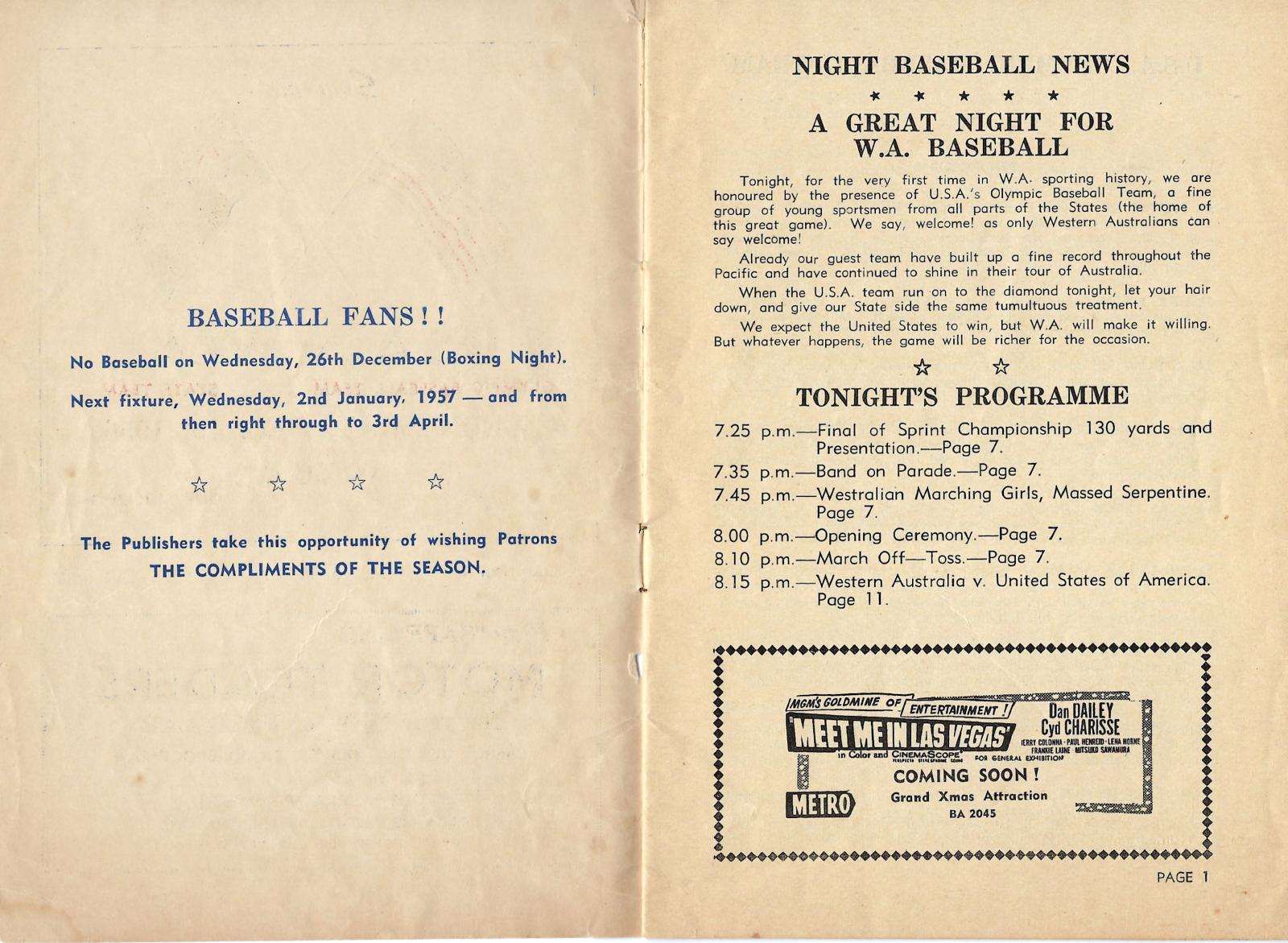 1956 baseball program - USA Olympic team v. Western Australia (inside cover & pg1)