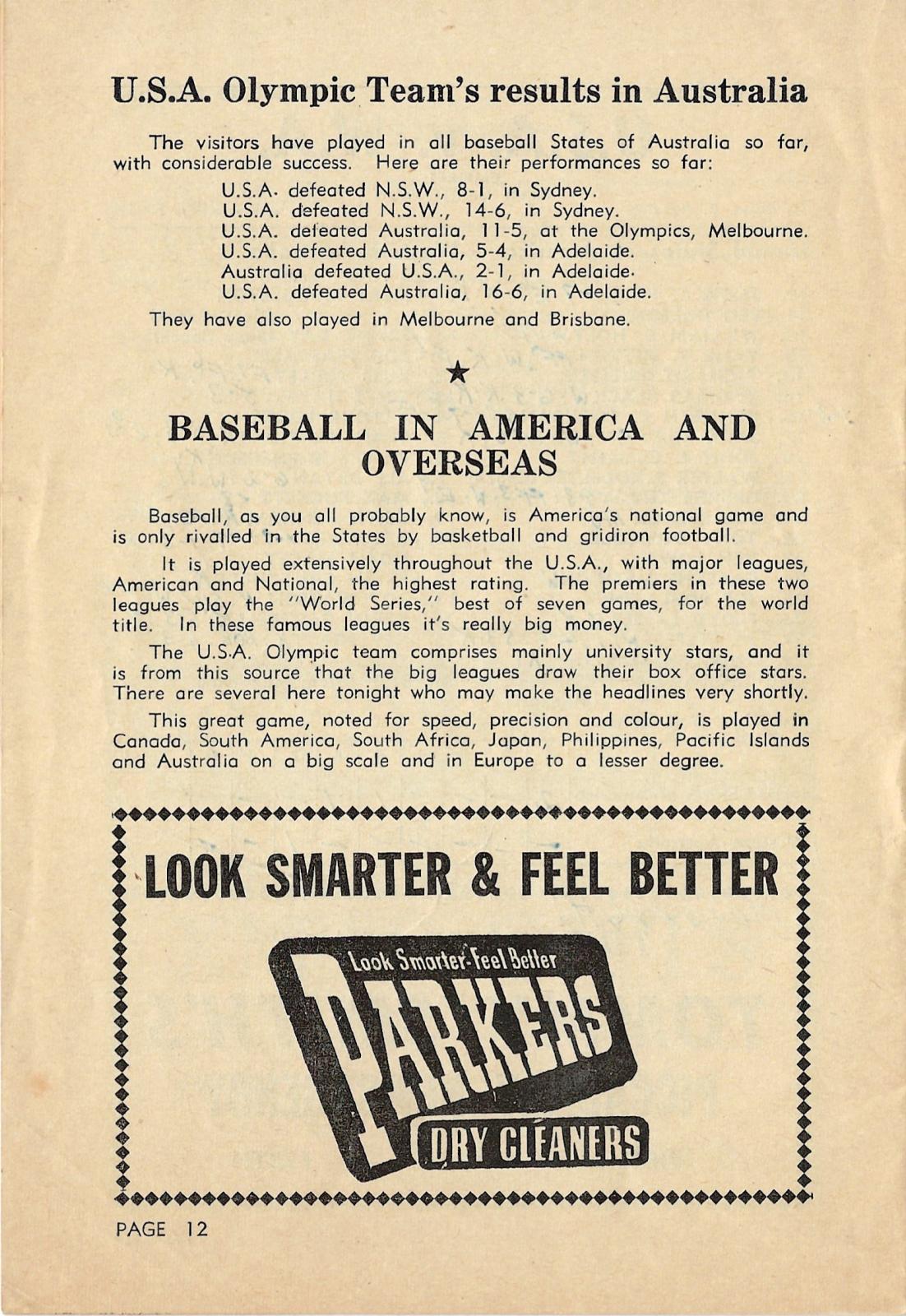 1956 baseball program - USA Olympic team v. Western Australia (pg 12)