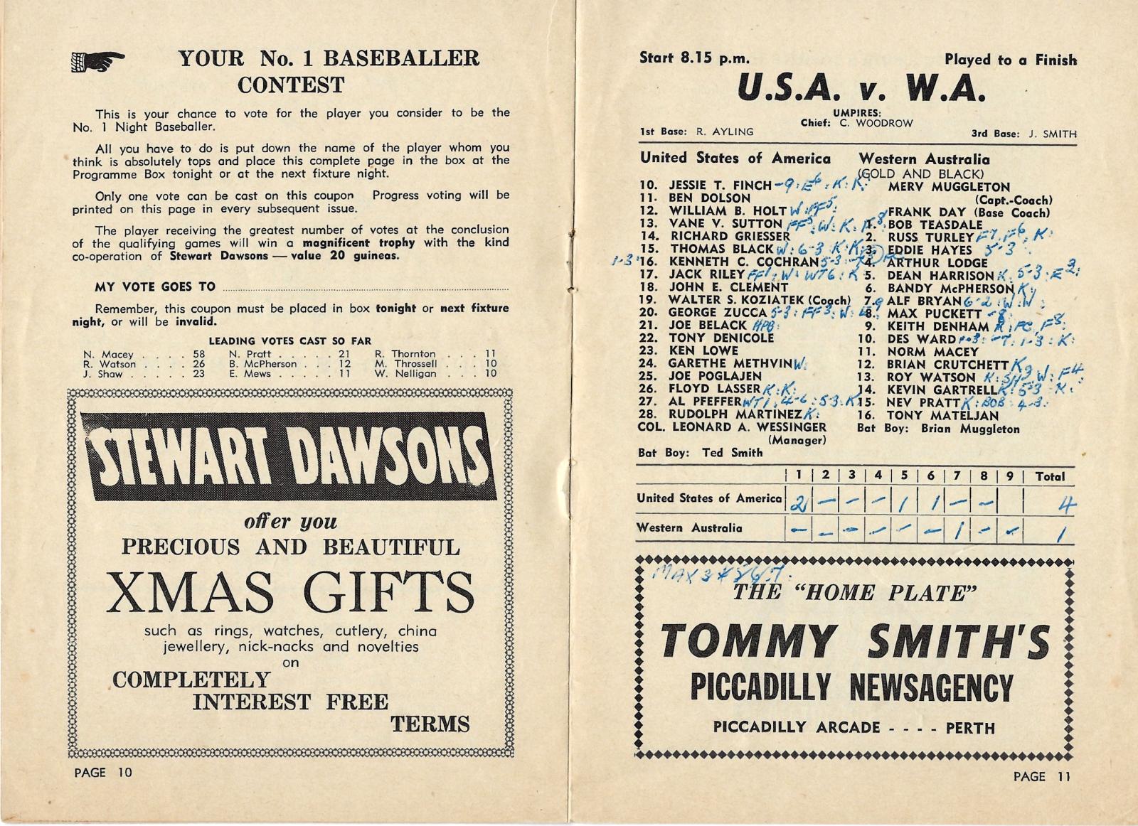 1956 baseball program - USA Olympic team v. Western Australia (pgs 10-11)