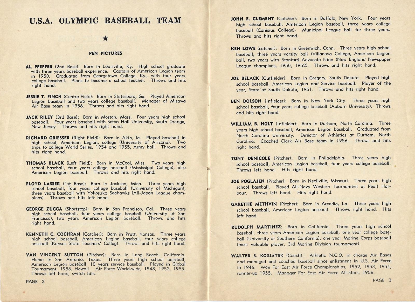 1956 baseball program - USA Olympic team v. Western Australia (pgs 2-3)