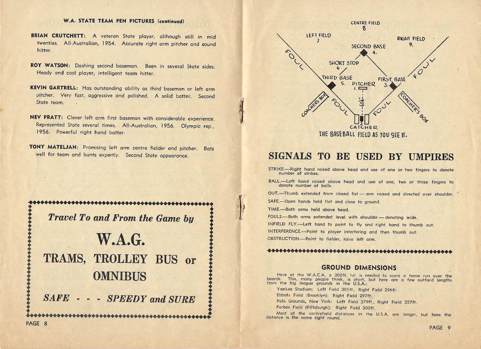 1956 baseball program - USA Olympic team v. Western Australia (pgs 8-9)