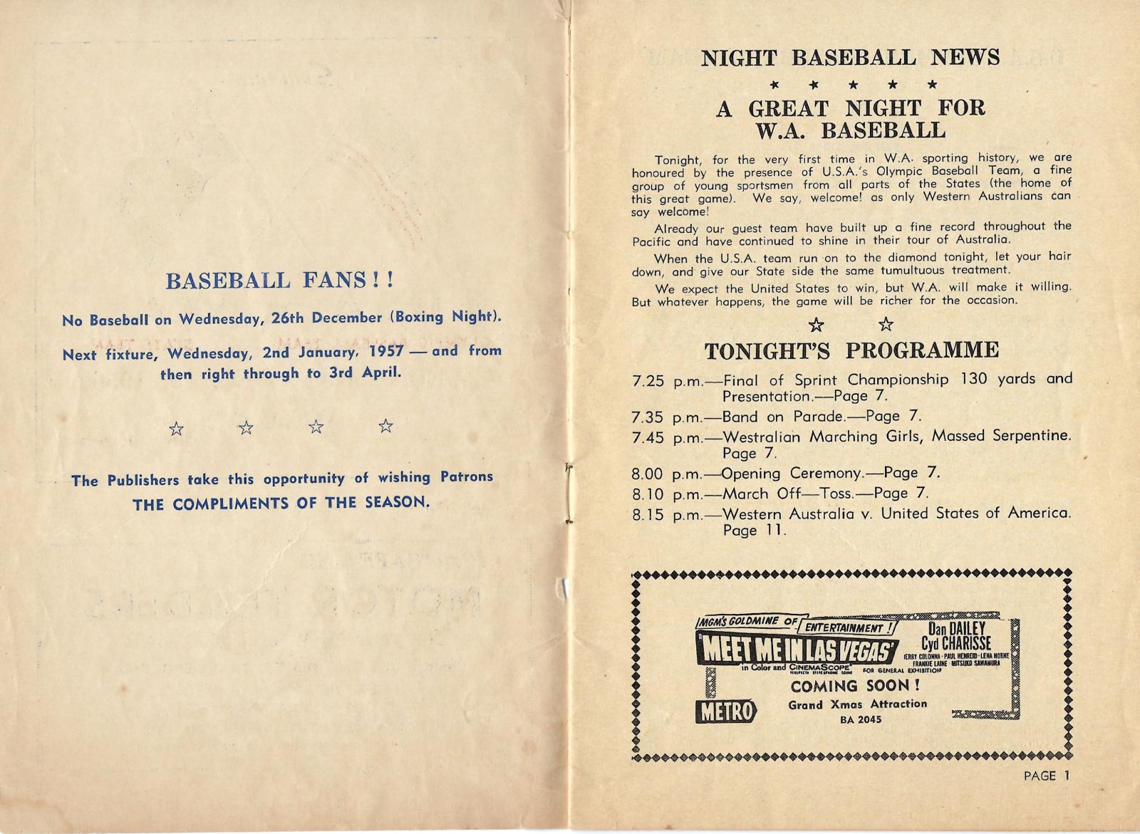 1956 Baseball Program - USA Olympic team versus Western Australia ...