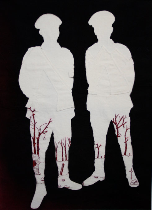 Textile art depicting wounded soldiers