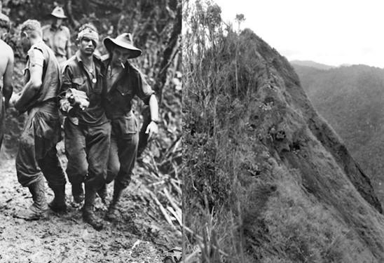 Wounded Cpl Hall and view of Shaggy Ridge