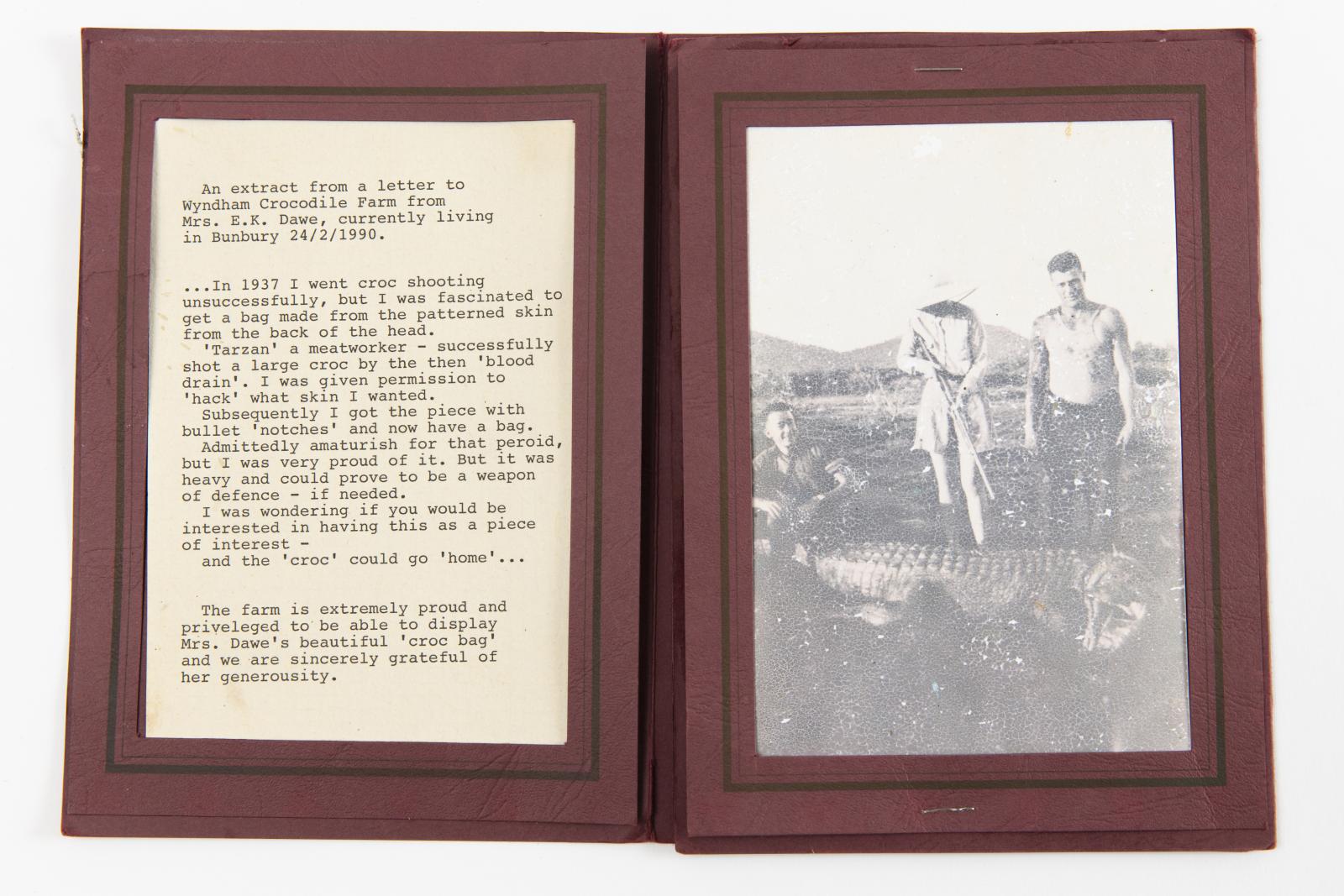 Extract from a letter about shooting crocodiles in 1937, next to a photo of people and a crocodile