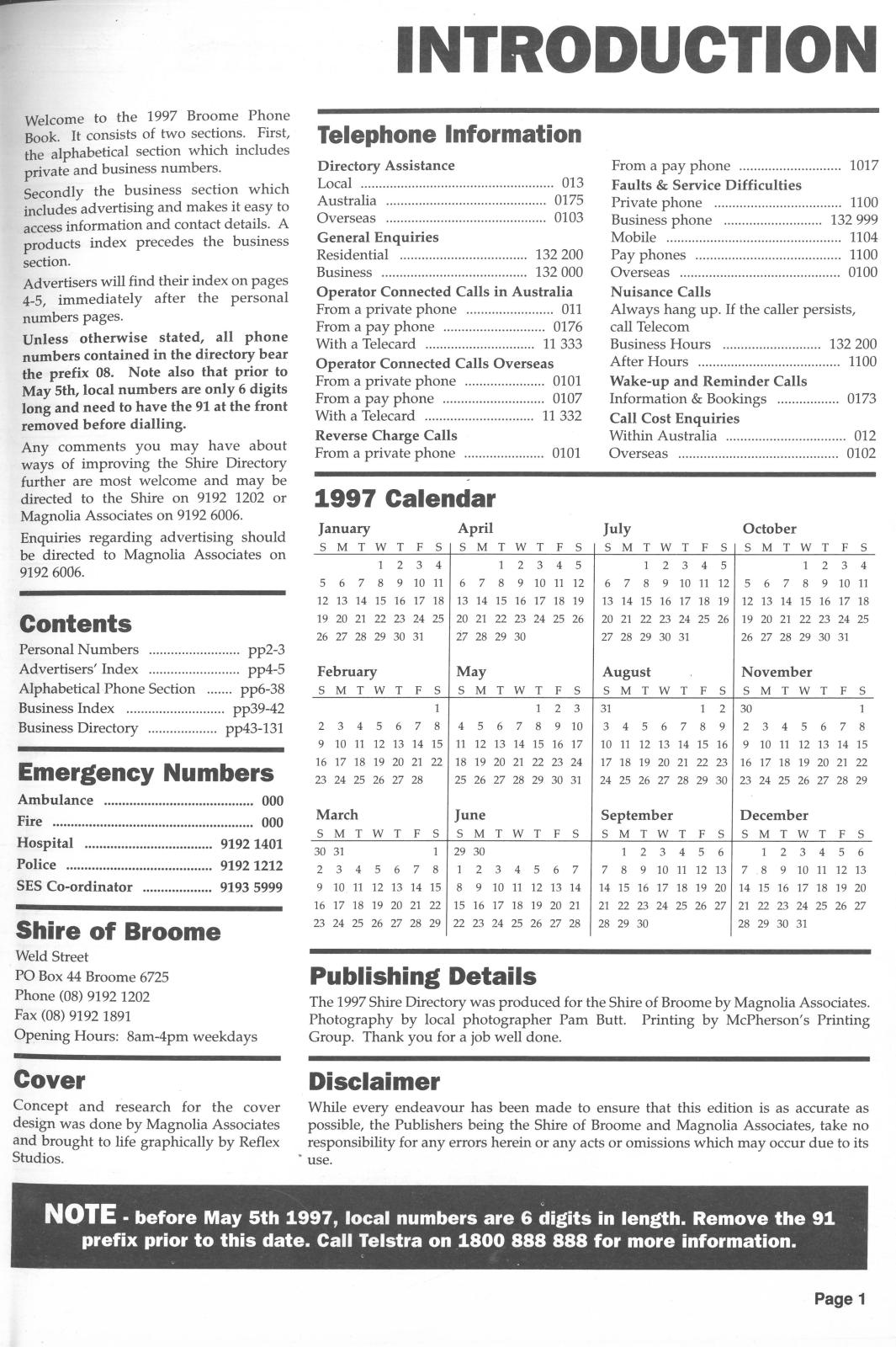 1997 Phone Book contents page