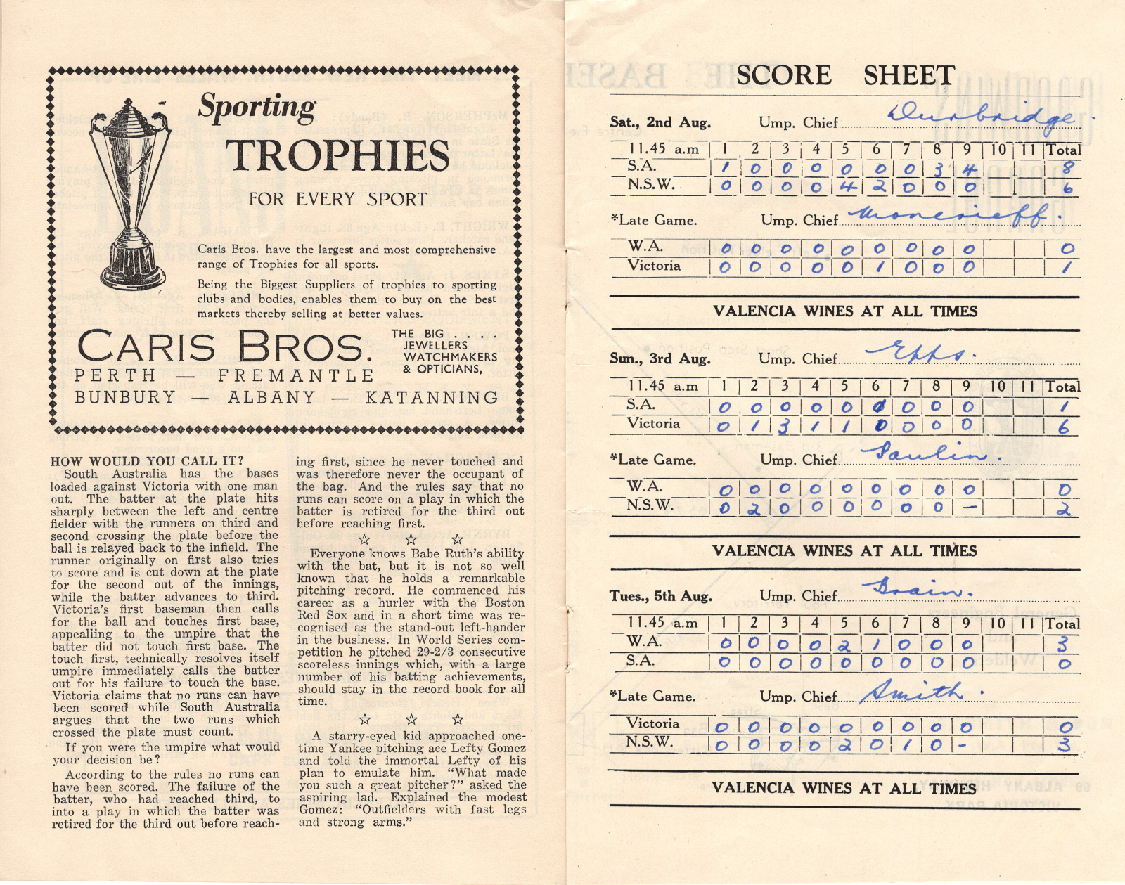 Score sheet with hand-written results for 2nd, 3rd and 5th August