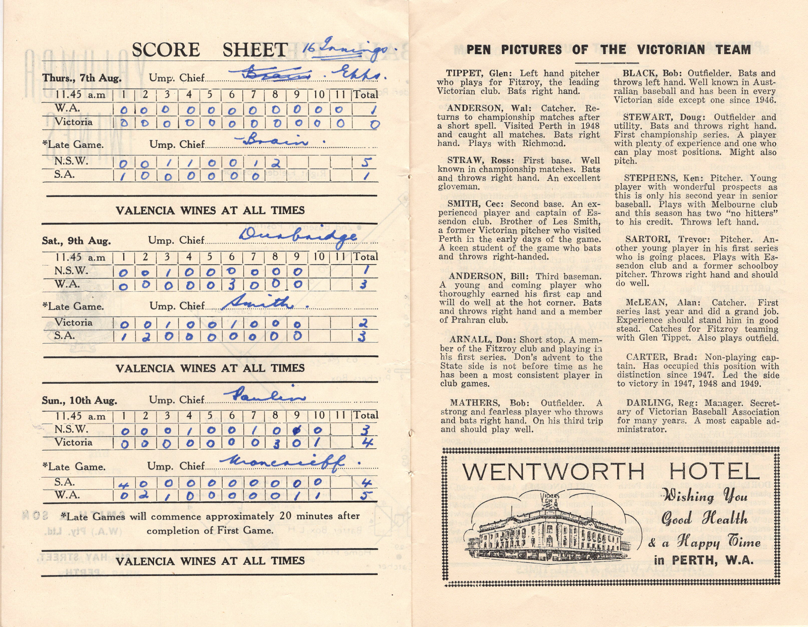 Score sheet with hand-written results for 7th, 9th and 10th August