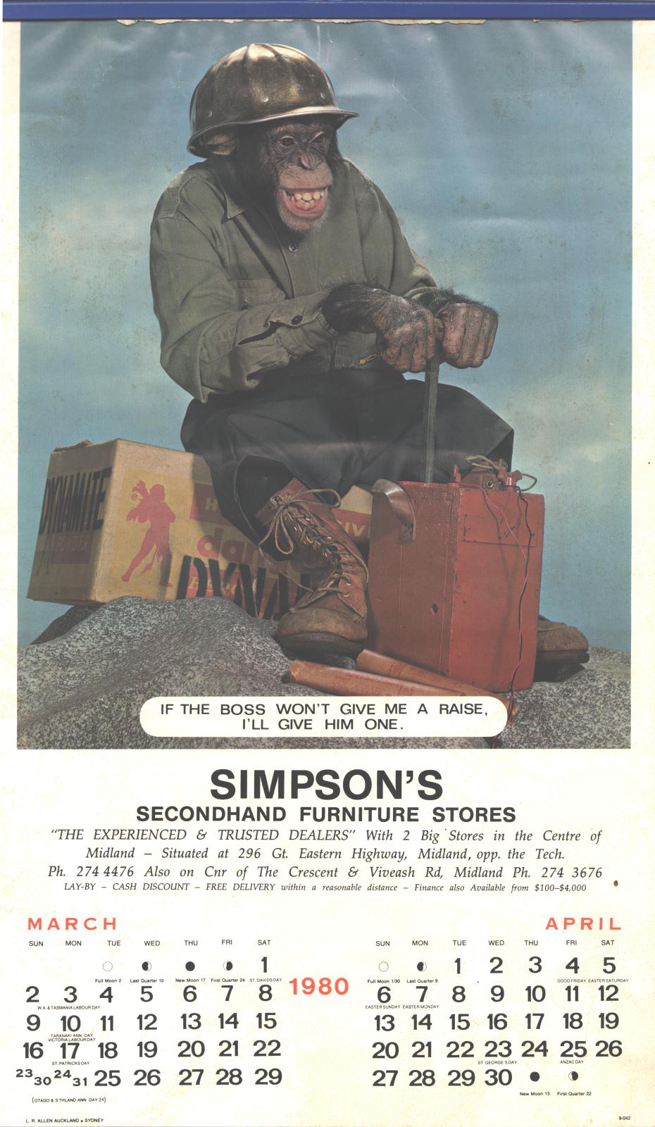 Simpson's Secondhand Furniture Stores calendar, 1980.