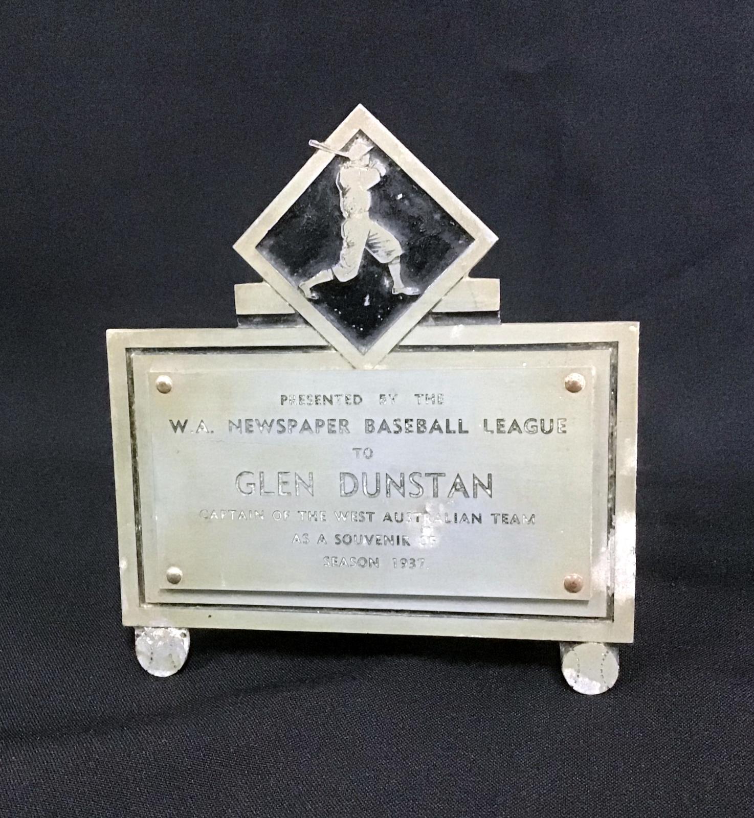 1937 Western Australian Newspaper Baseball League Souvenir Plaque