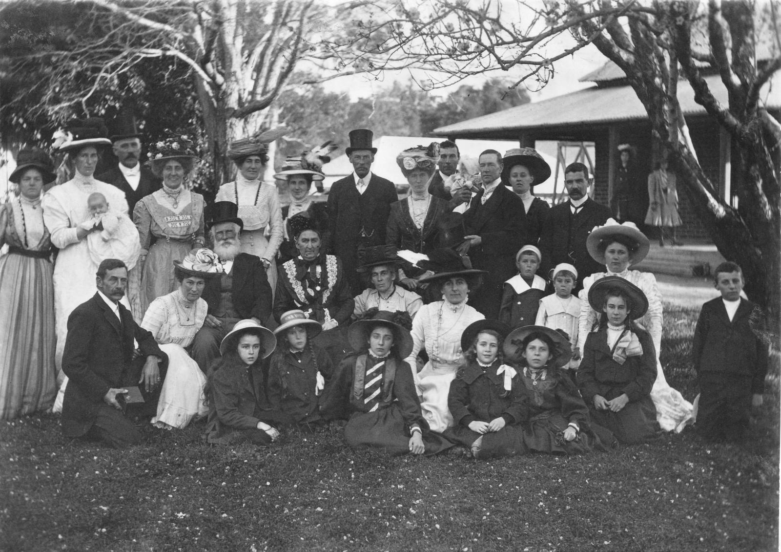 Clair Layman can be seen in the second row of this photo, taken at her parents Golden Wedding celebration at Wonnerup in 1909, wearing a white dress and black broad brimmed hat.