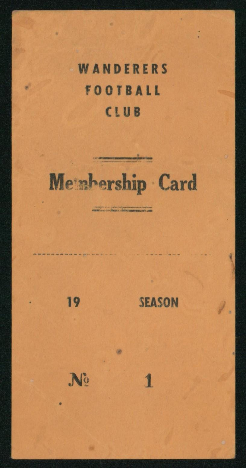 Wanderers Football Club No 1 Membership Card