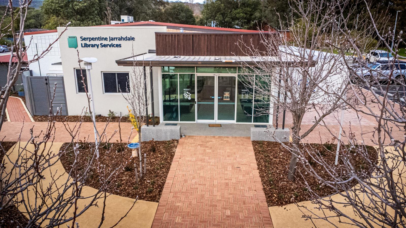 Drone image of front entrance of Serpentine Jarrahdale Library Services