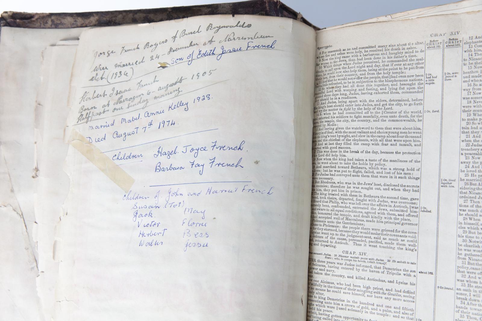 Pictorial Family Bible. View of bottom, right, and a close up of a page inside with hand written notes about a family