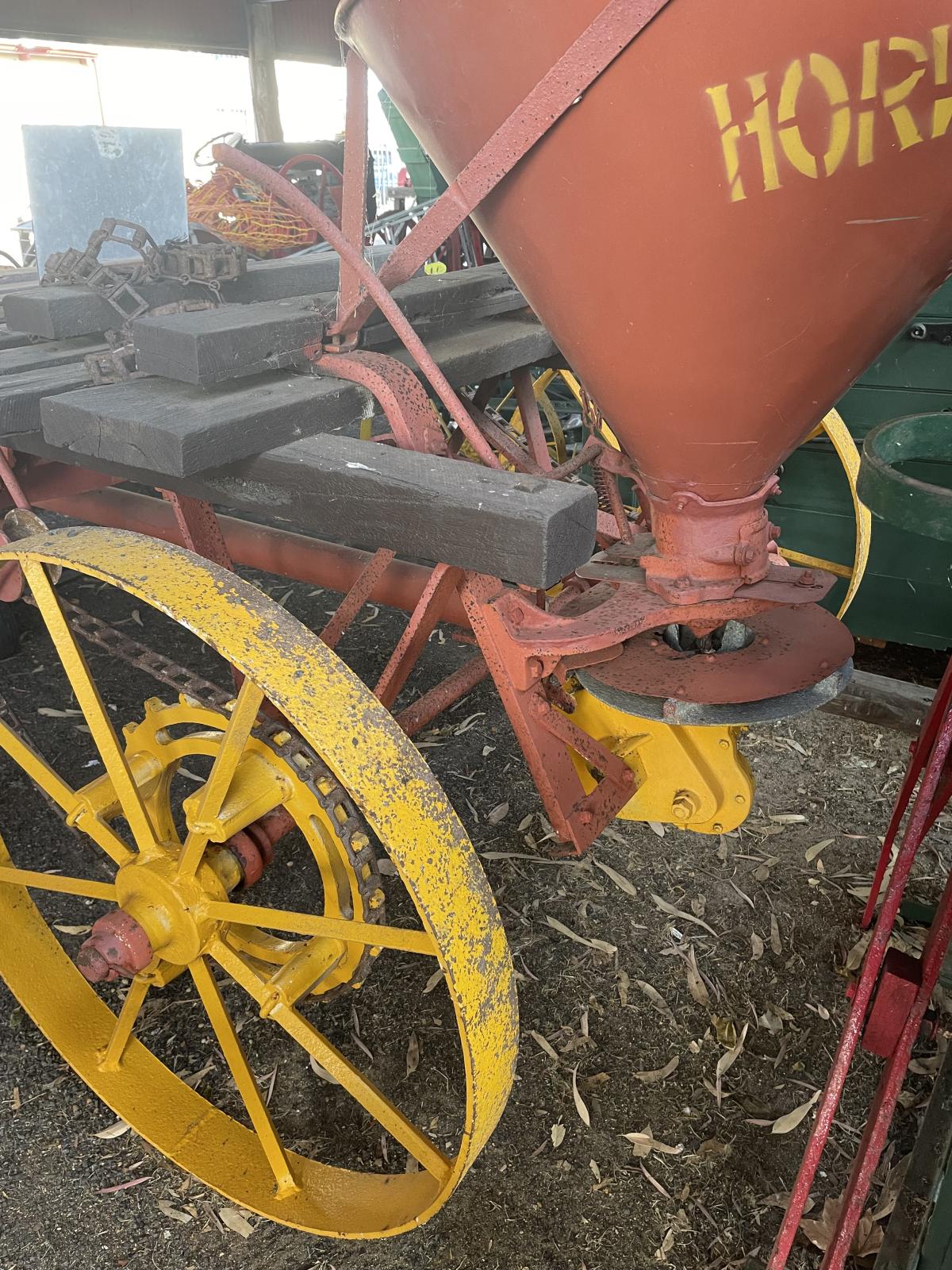 Horwood Bagshaw Super Spreader showing the spreader mechanism and the iron frame to which the cart was attached