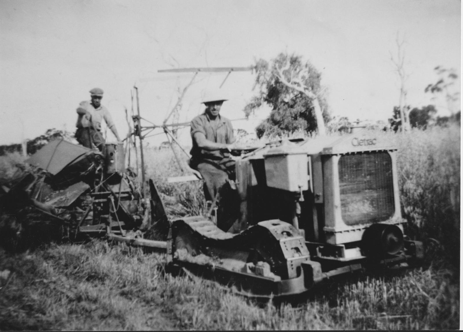 Ned Seymour on Binder, David Jones on tractor at David Jones Dunsborough farm, 1944. Photo 2407 from BHS Archive